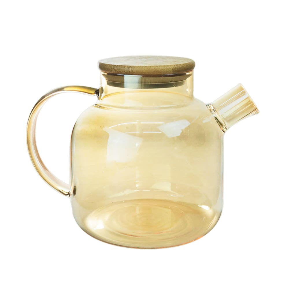Chaleira De Vidro Âmbar Com Tampa De Bambu 1,3 Litros