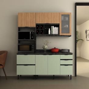 Cozinha Compacta Begônia 180cm 3 Peças, 6 Portas e 4 Gavetas com Divisor de Talheres e Tampo Cz1203 Mármore Lunar/Verde Mar/Freijó