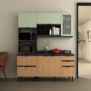Cozinha Compacta Begônia 180cm 3 Peças, 6 Portas e 4 Gavetas com Divisor de Talheres e Tampo Cz1203 Mármore Lunar/Freijó/Verde Mar