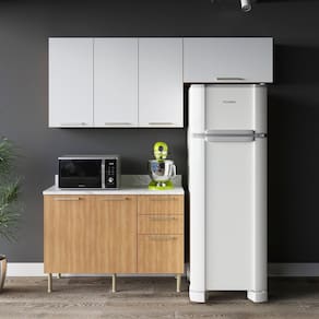 Cozinha Compacta Dália 200cm 3 Peças, 6 Portas e 3 Gavetas com Divisor de Talheres e Tampo Cz1102 Freijó/Branco