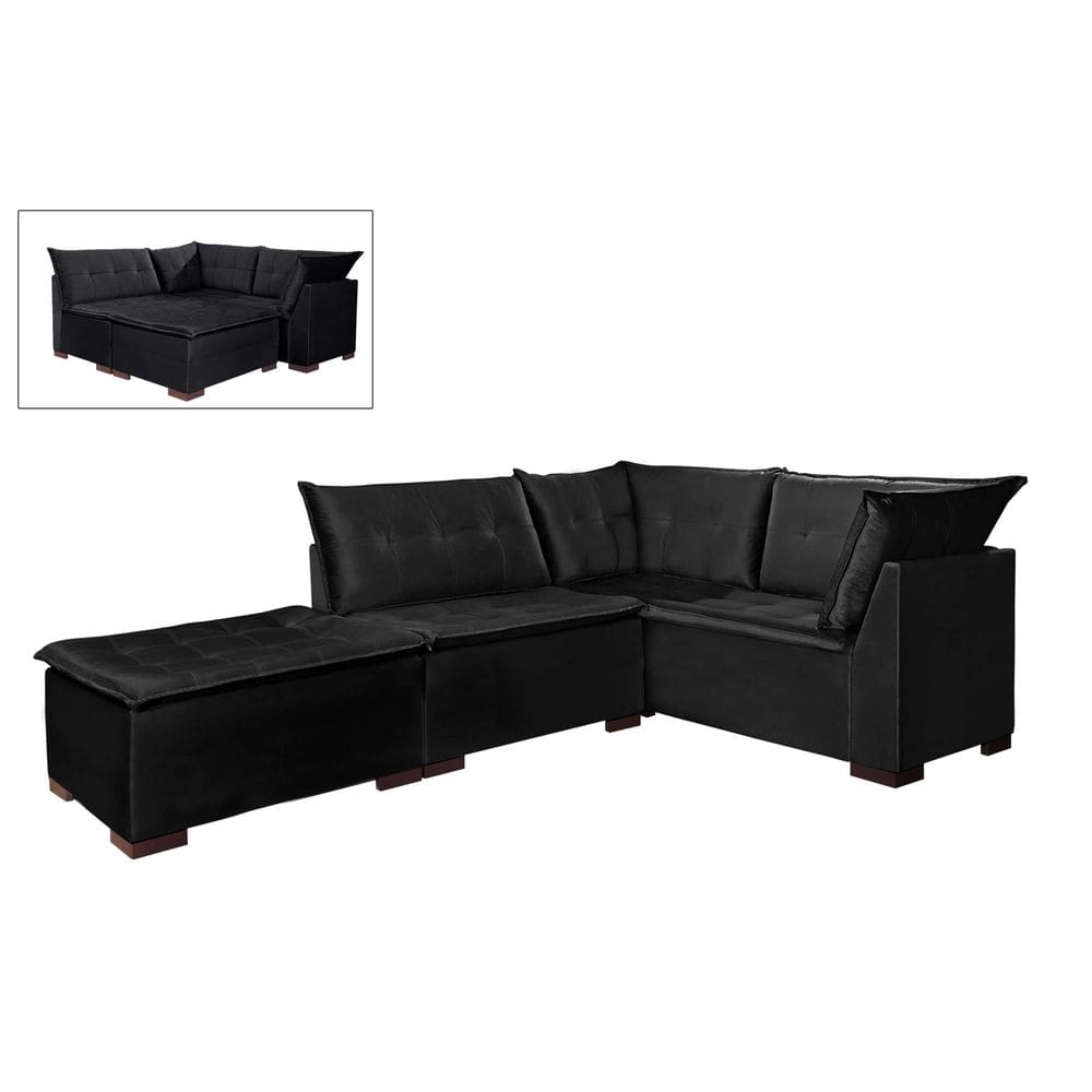 Sofá de Canto com Puff 5 Lugares Saturno 186cm x 186cm Cor Preto