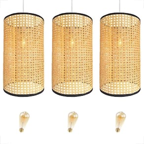 Kit 3 Pendente Fibra Natural Palha Tela Indiana Nat84 + Led