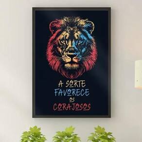 Quadro Leão Sorte Favorece Corajosos 45X34Cm - Com Vidro