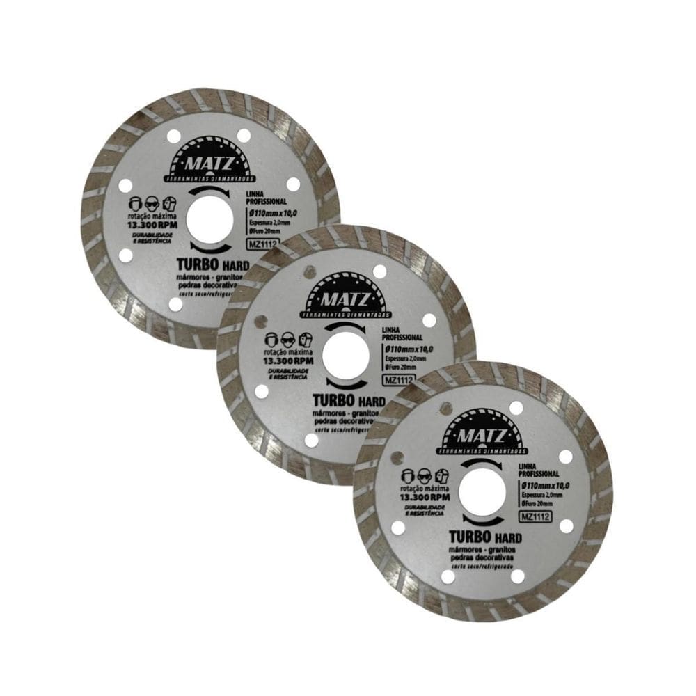 Kit 3 Disco Corte Diamantado Turbo Hard 10Mm 110X20Mm Matz
