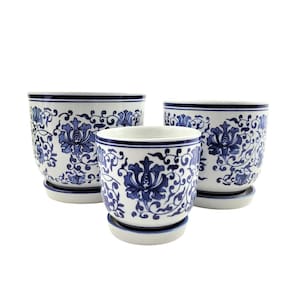Vaso Azul E Branco 19/16/12Cm Floral Cachepot Com Prato 3Pc