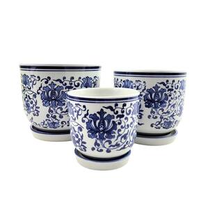 Vaso Azul E Branco 19/16/12Cm Floral Cachepot Com Prato 3Pc