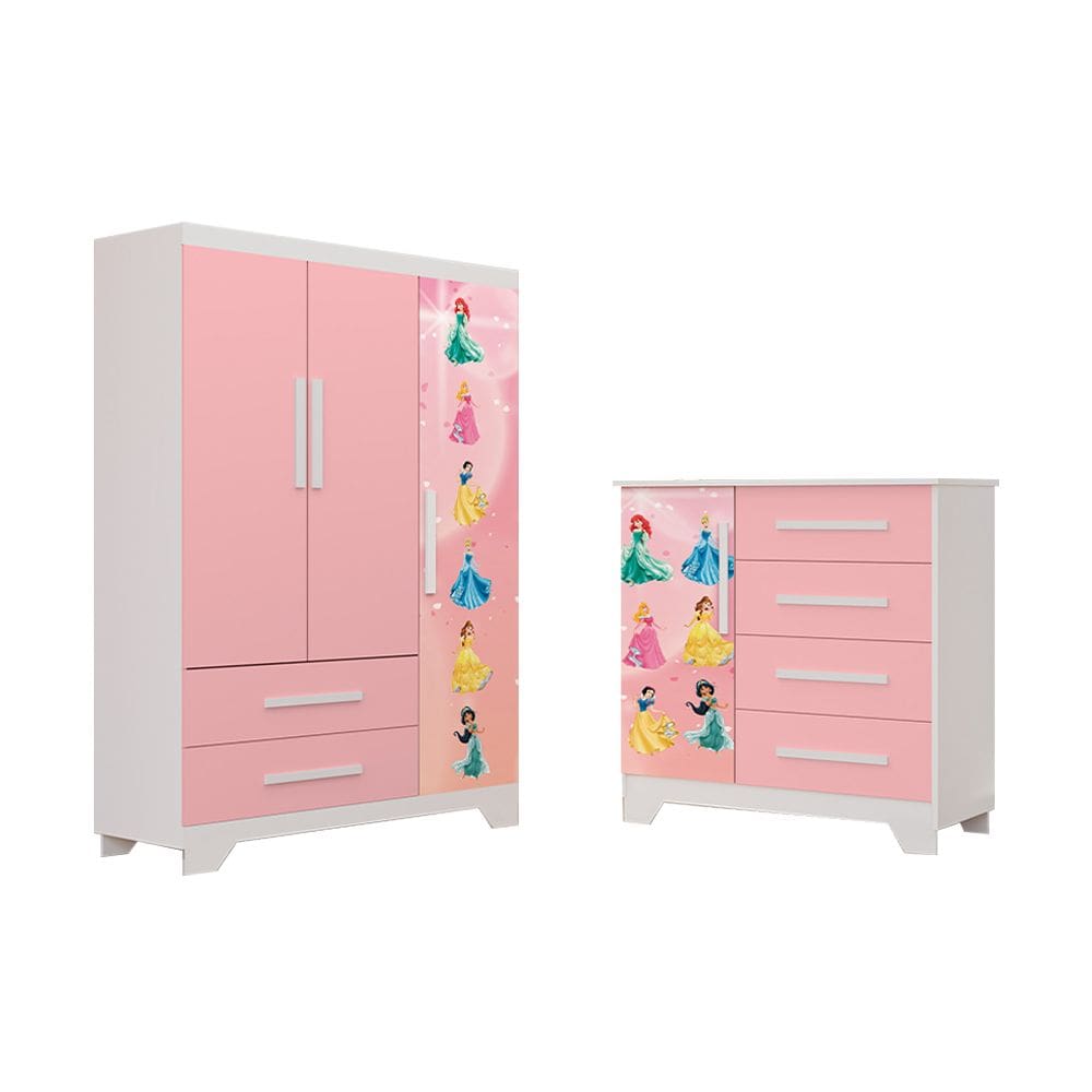 Conjunto Quarto Infantil Princesas - Roupeiro E Cômoda Mdf - Rosa