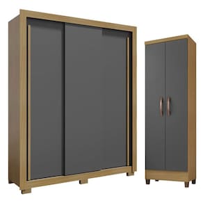 Guarda Roupa Solteiro Nevoa Flex 3 Portas de Correr e Armário Multiuso Egito Carvalho Americano Grafite - Incorplac