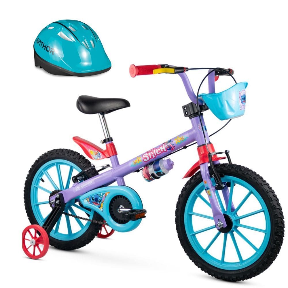 Bicicleta Infantil com Rodinha aro 16 Stitch Menina Nathor Com Capacete