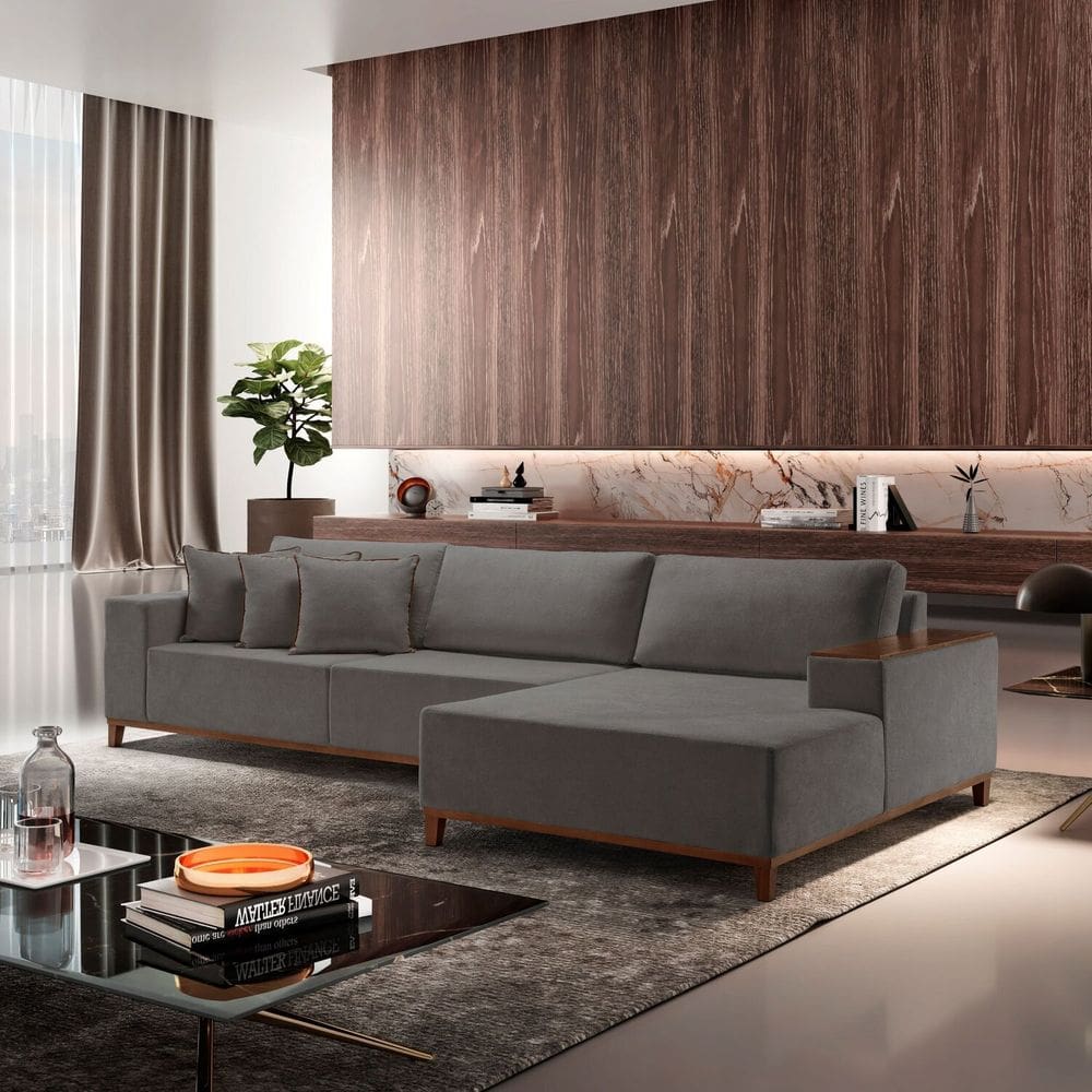 Sofá com Chaise 4 Lugares Bouclê 290 Cm Grécia Cinza