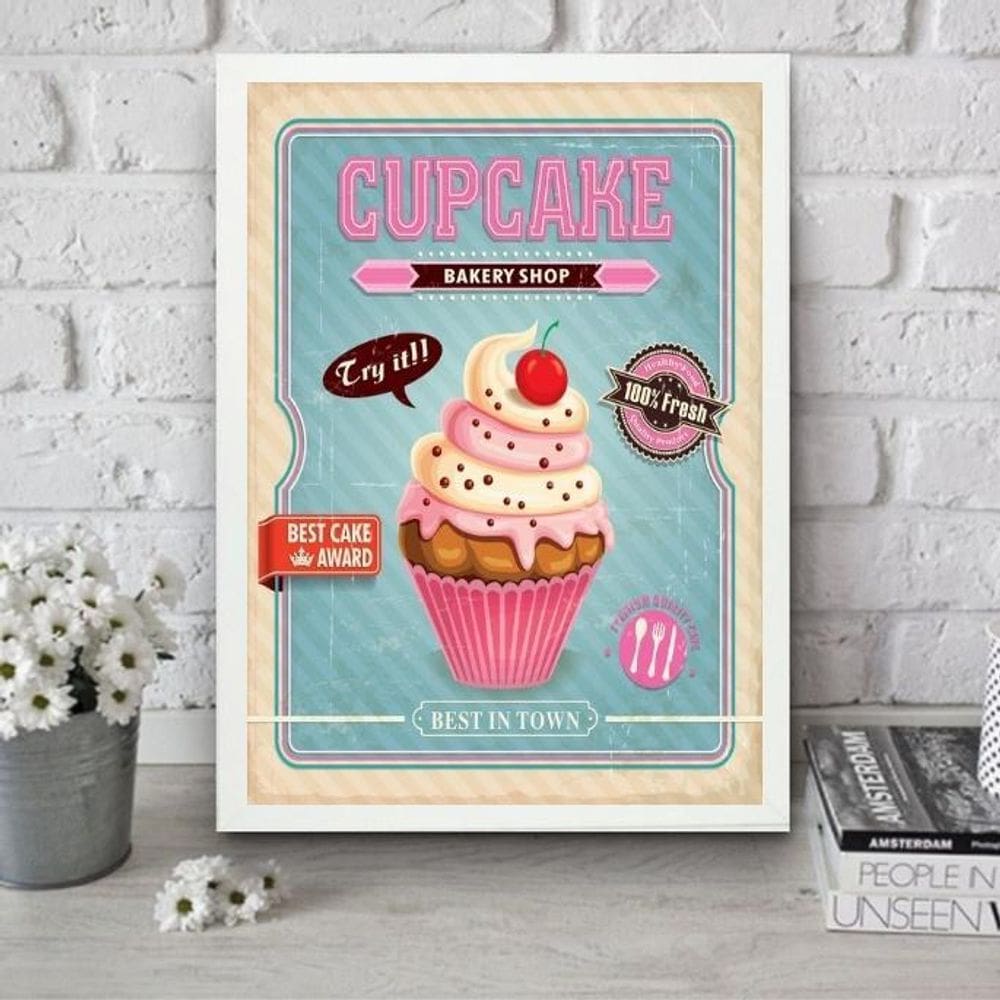 Quadro Cupcake - Rosa E Azul 24X18Cm - Com Vidro