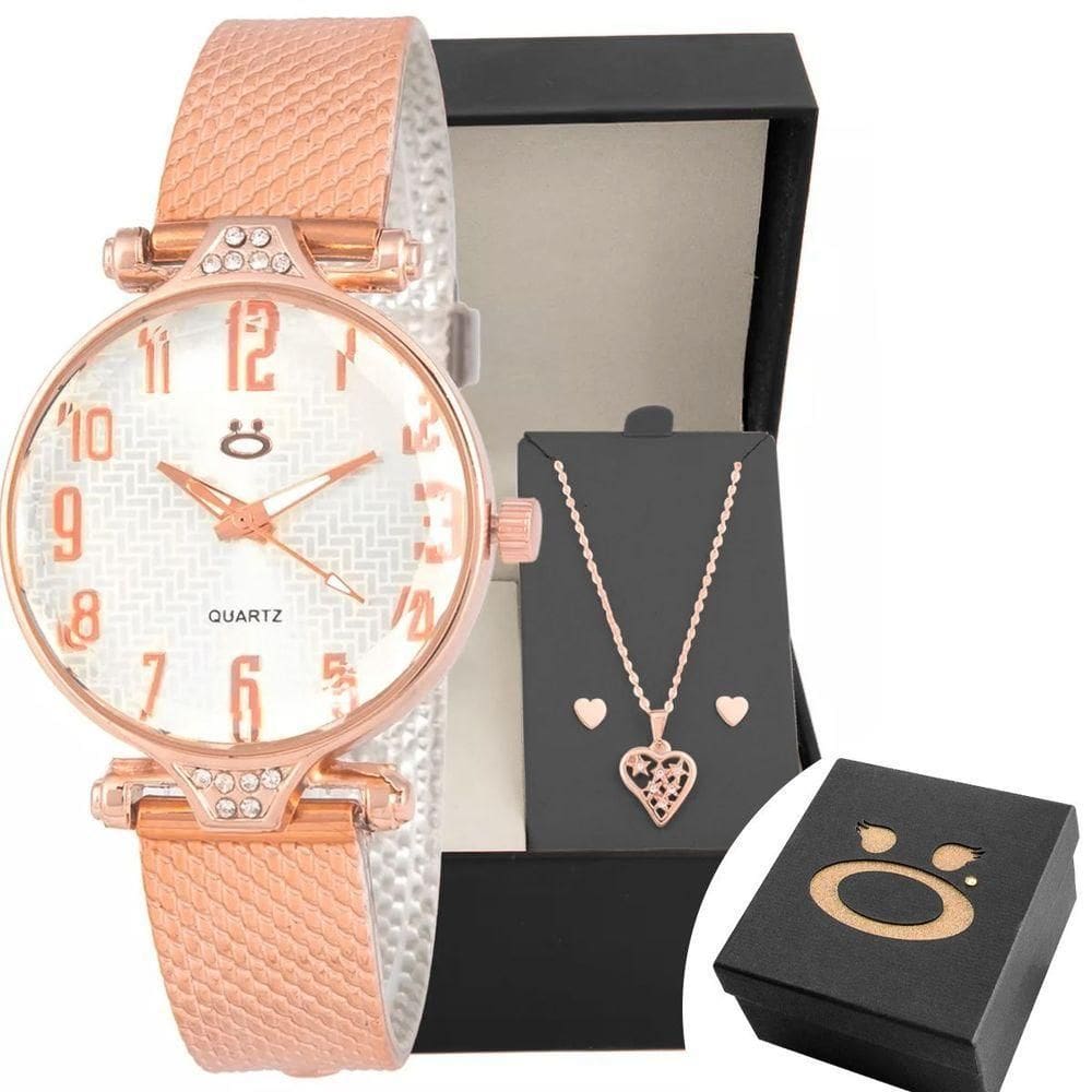 Relogio Feminino Aço Rose Brinco Coração Colar Caixa