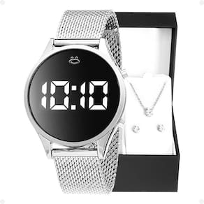 Relogio Feminino Digital Aço Inox Caixa Brincos Colar