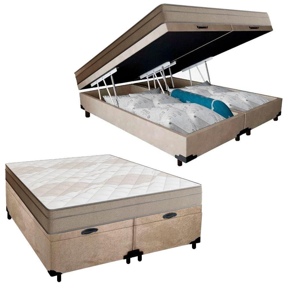 Cama Box Baú Casal Bipartido Suede + Colchão De Molas Ensacadas Portobel Ipanema 138x188x66cm Bege