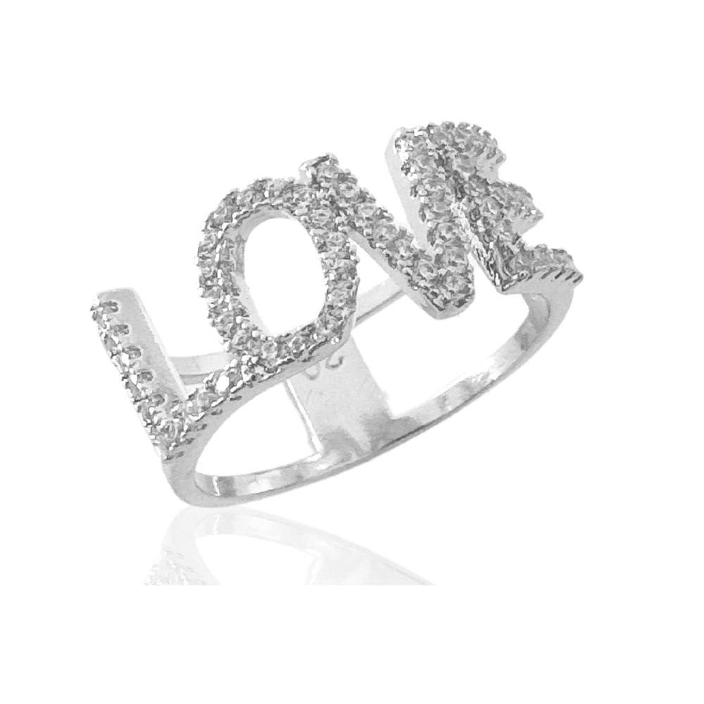 Anel Largo Love Cravejado Zircônias Cristais Banhado a Prata