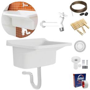 Tanque 34L Branco + Sifão + Torneira + Varal + Prendedor