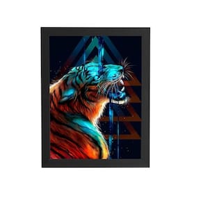 Tigre Azul Desenho Animais Quadro Moldura Preta 60X40Cm