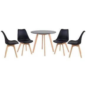Kit - Mesa De Jantar Redonda 90 Cm Preto + 4 Cadeiras Estofa