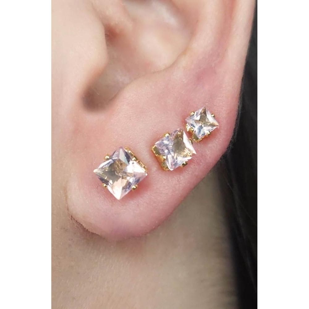 Trio Quadrado De Zircônia Rosa Claro Banhado Em Ouro 18k [F027]