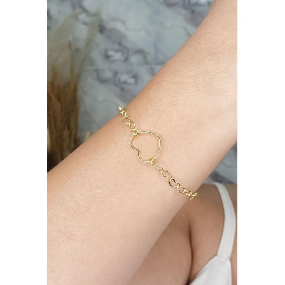 Pulseira De Corrente De Corações Banhado Em Ouro 18k [F027]