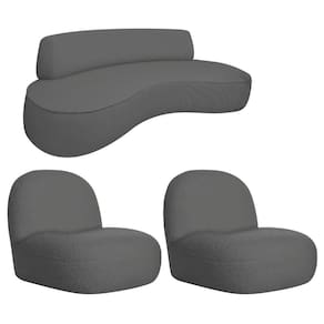 Sofá Curvo 130cm 2l E 2 Poltronas Orgânico Recepção Sala Amsterdã Linho Adj Decor Cinza Escuro