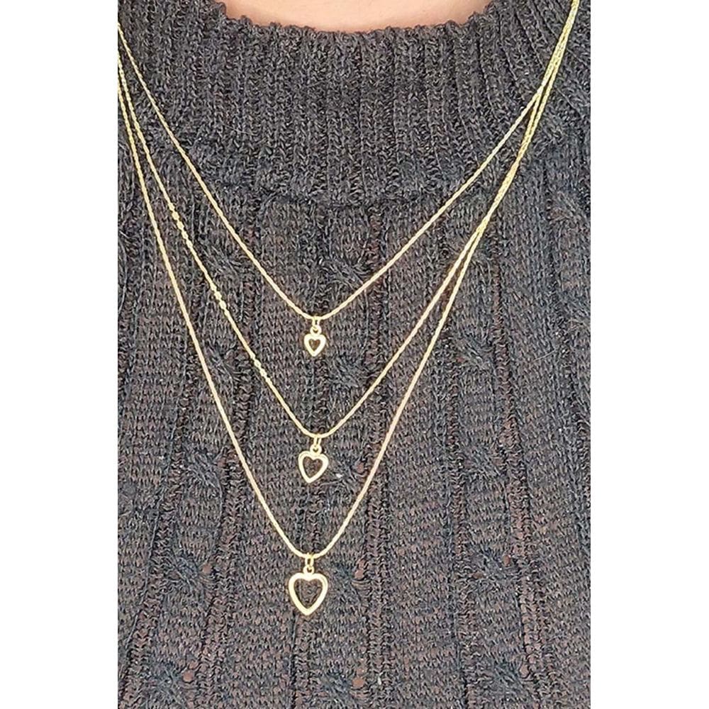 Colar Triplo De Corações Vazados Banhado Em Ouro 18k [F027]