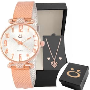 Relógio Feminino Rose Aço + Brinco Colar Coração Caixa