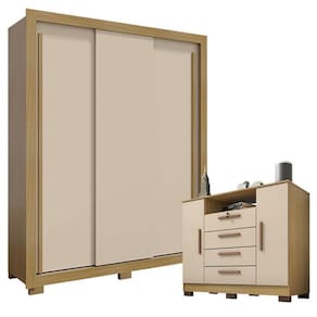 Guarda Roupa Solteiro Nevoa Flex 3 Portas de Correr com Cômoda Madri 4 Gavetas 2 Portas Carvalho Americano Off White - Incorplac