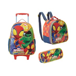 Kit Mochila Carrinho E Rodas Lancheira E Estojo Homem Aranha