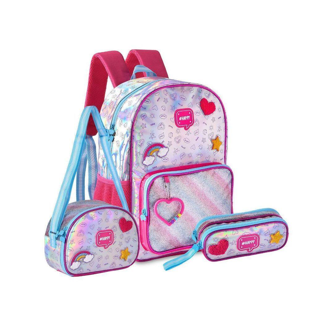 Kit Mochila Costas Holográfico Happy Lancheira Estojo - Azul