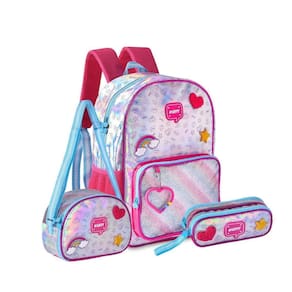 Kit Mochila Costas Holográfico Happy Lancheira Estojo - Azul