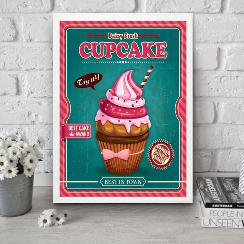 Quadro Cupcake - Rosa E Turquesa 24X18Cm