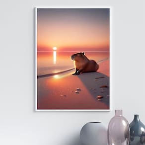 Quadro Capivara Na Praia - Por Do Sol 33X24Cm