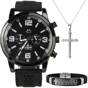Relogio Masculino Preto Aço Cordao Crucifixo Black Piano