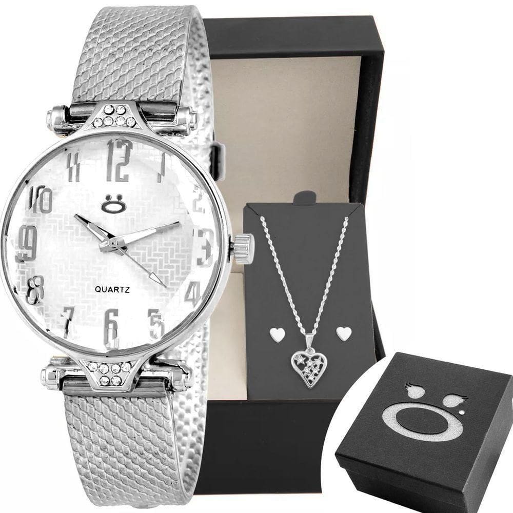 Relogio Feminino Prata Aço Colar Brinco Coração Casual
