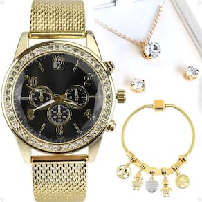 Relogio Feminino Strass Dourado Pulseira Pandora Colar