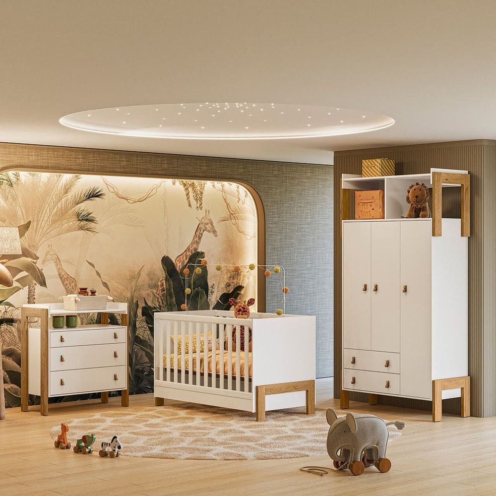 Jogo De Quarto Completo Infantil Bebê Guarda Roupa 3 Portas Cômoda 3 Gavetas Berço Mini Cama Fantasia 4375 / 4300 / 4410