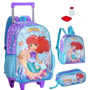 Kit Mochila Escolar Sereia Encanto Rodinha Tam G Infantil
