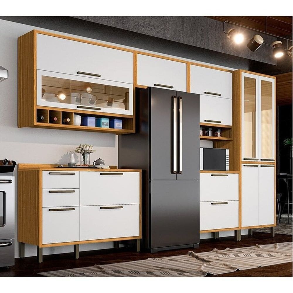 Cozinha Modulada Completa 6 Peças 12 Portas e Vidro Reflecta 100% Mdf Vicenza Espresso Móveis Amêndoa/Branco