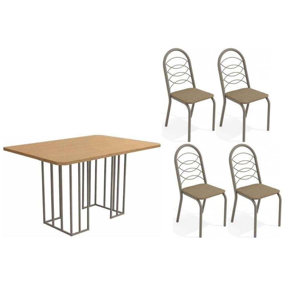Sala de Jantar Completa Duina c/ Tampo de Madeira 136cm e 4 Cadeiras Holanda Niquel/Freijo - Courano Cappuccino - Kappesberg