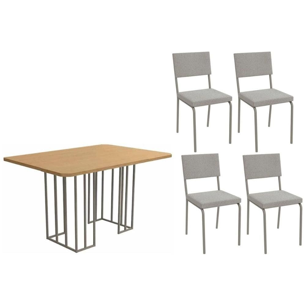 Sala de Jantar Completa Duina c/ Tampo de Madeira 136cm e 4 Cadeiras Zaria Niquel/Freijo - Boucle Cinza - Kappesberg