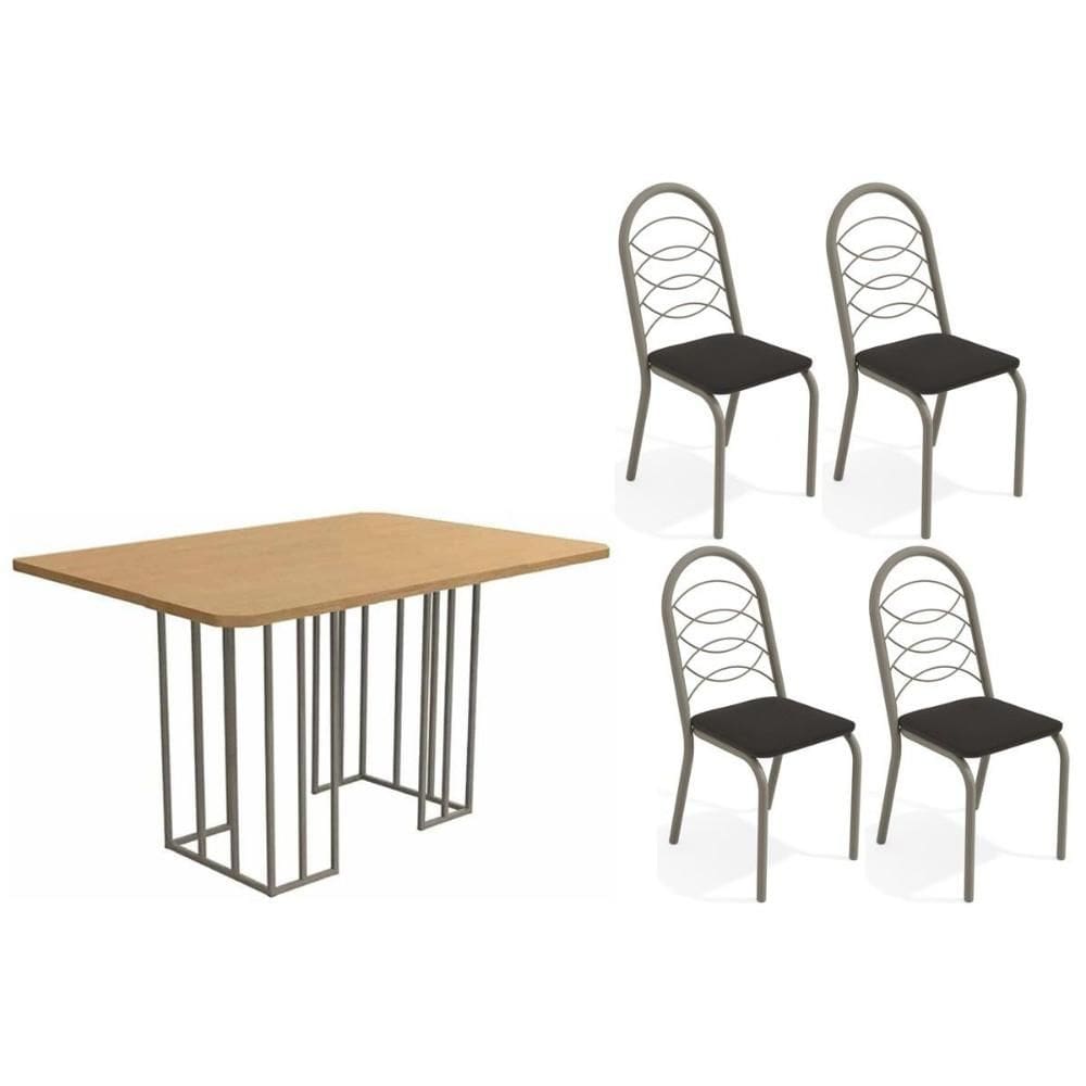 Sala de Jantar Completa Duina c/ Tampo de Madeira 136cm e 4 Cadeiras Holanda Niquel/Freijo - Courano Preto - Kappesberg