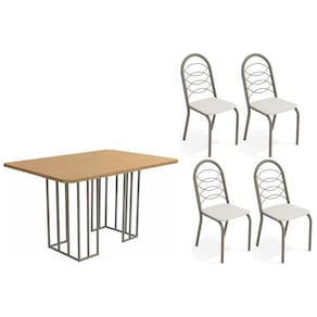 Sala de Jantar Completa Duina c/ Tampo de Madeira 136cm e 4 Cadeiras Holanda Niquel/Freijo - Courano Branco - Kappesberg