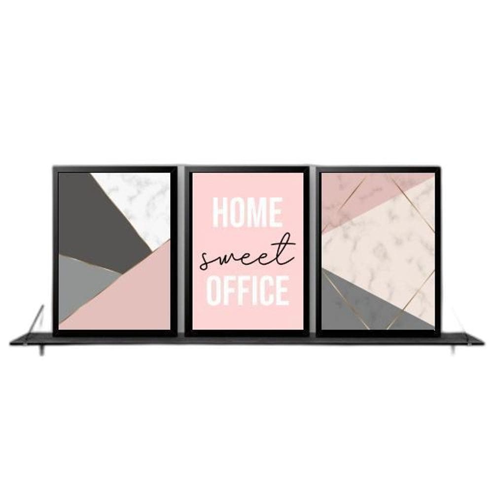 Kit 3 Quadros Home Office Feminino Rosa 33X24Cm - Com Vidro