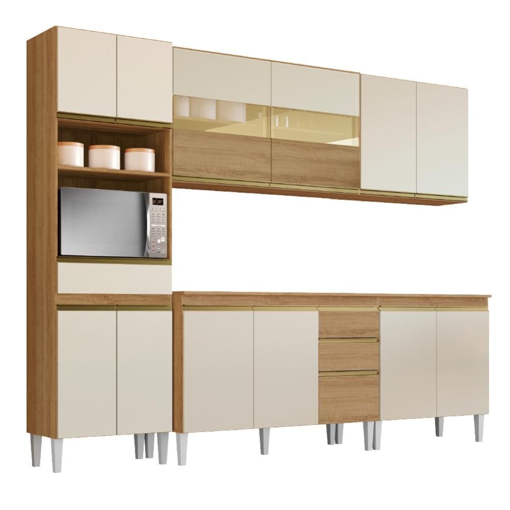 Armário de Cozinha Completa com Balcão e Nicho para Micro-ondas 13 Portas 3 Gavetas Clara Atacama / Branco Aramóveis