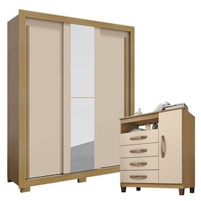 Guarda Roupa Solteiro Nevoa Flex 3 Portas de Correr com Espelho e Cômoda Sapateira Cannes Carvalho Americano Off White - Incorplac