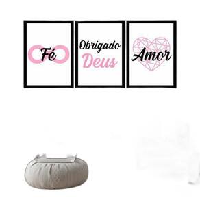 Kit 3 Quadros Decorativos Fé Obrigado Deus Amor Rosa 34x23cm