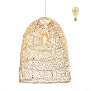 Pendente Fibra Natural Rattan Artesanal Boho Nat72 + Led