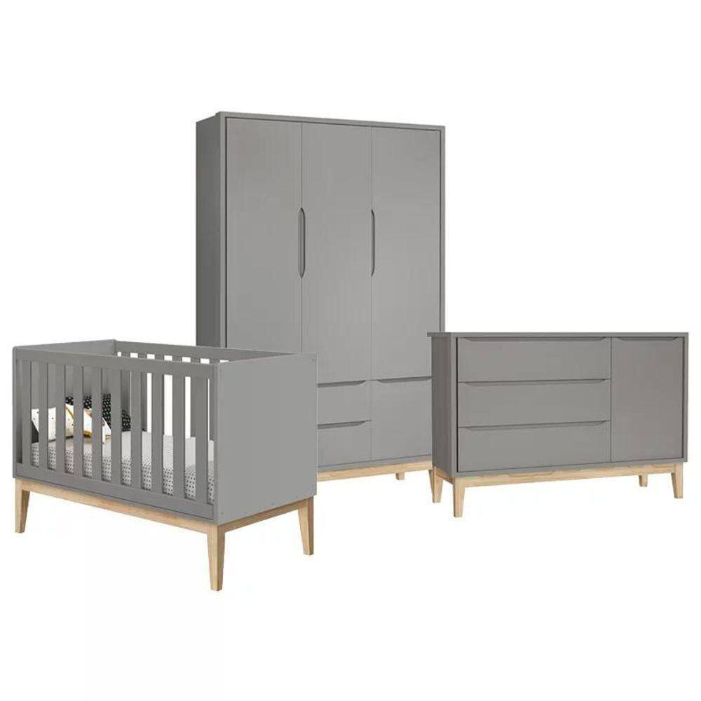 Quarto Infantil Classic 3 Portas Cinza Fosco Com Pés Madeira Natural Reller Móveis - Cinza