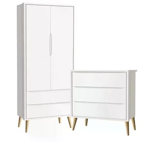 Guarda Roupa 2 Portas E Cômoda 3 Gav Theo Branco Fosco Pés Madeira Natural Reller Móveis
